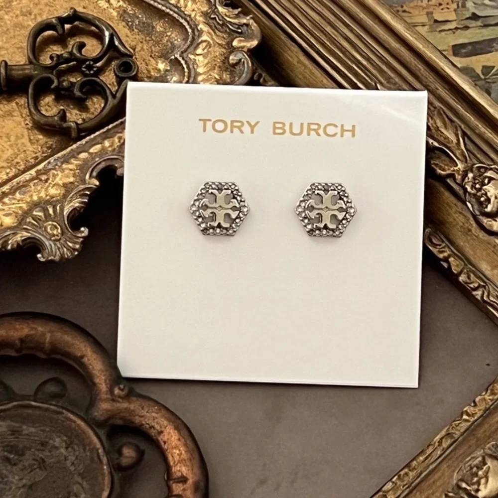 TORY BURCH • Silver Hexagon Crystal Logo Earrings